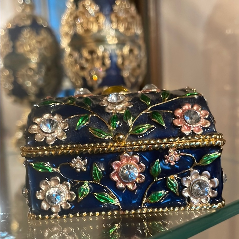 SOLD Floral Treasure  Blue and Green Enameled and Austrian Crystal Trinket Box